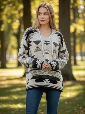 American Eagle Hooded Southwest Aztec Knit Sweater Hoodie Small Cotton